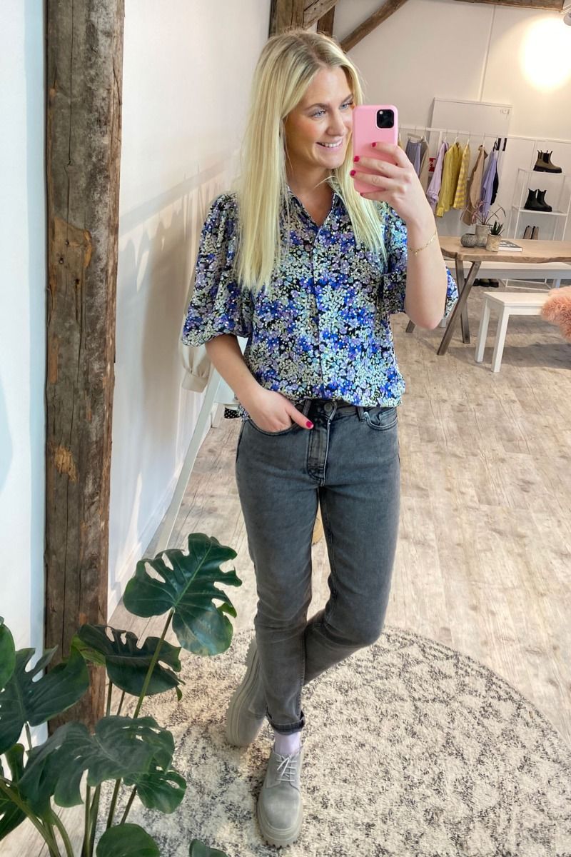 JDY - Bluse - Spring Puff Top - Black/Multi Flower