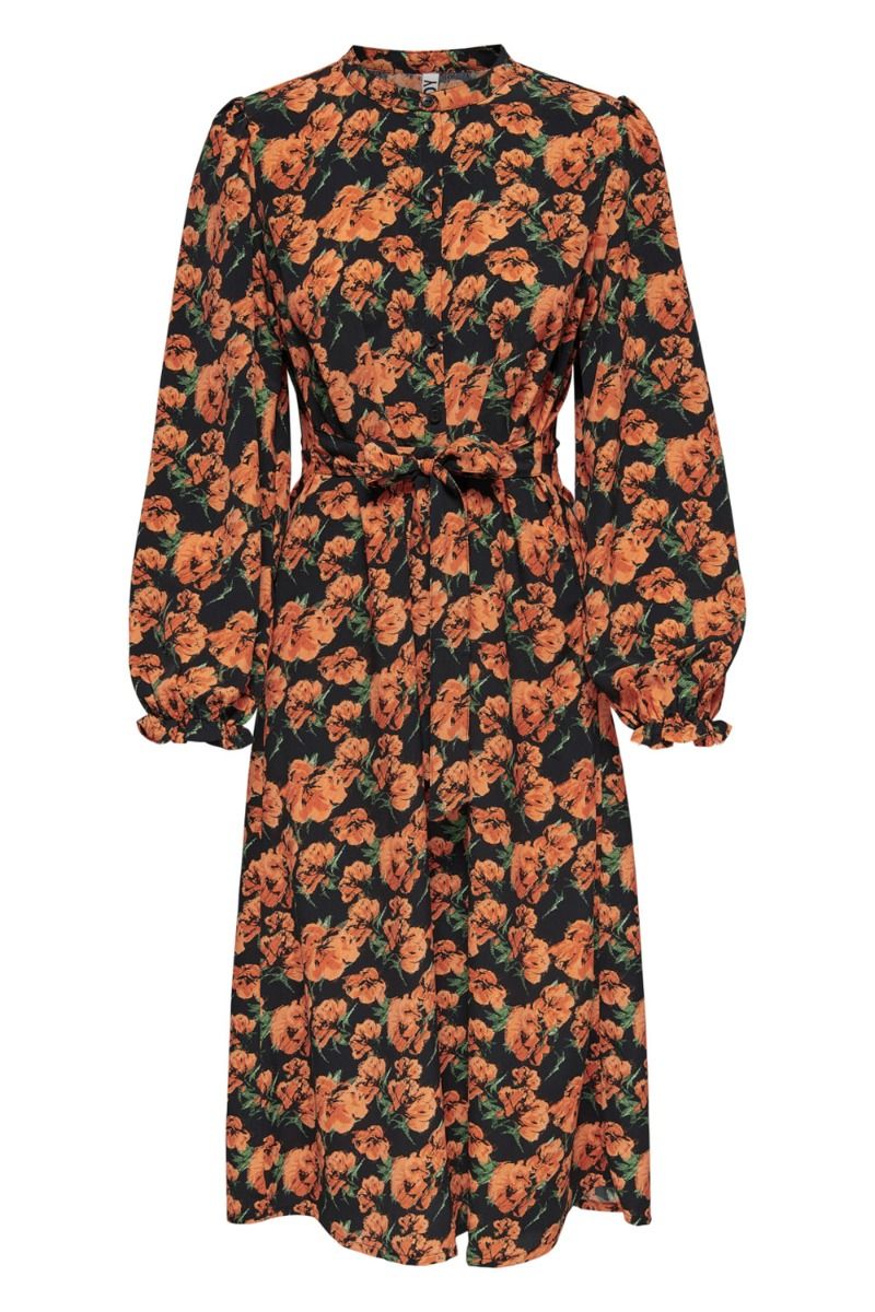 JDY - Kjole - Cathy L/S Midi Belt Dress - Black/Orange Flower