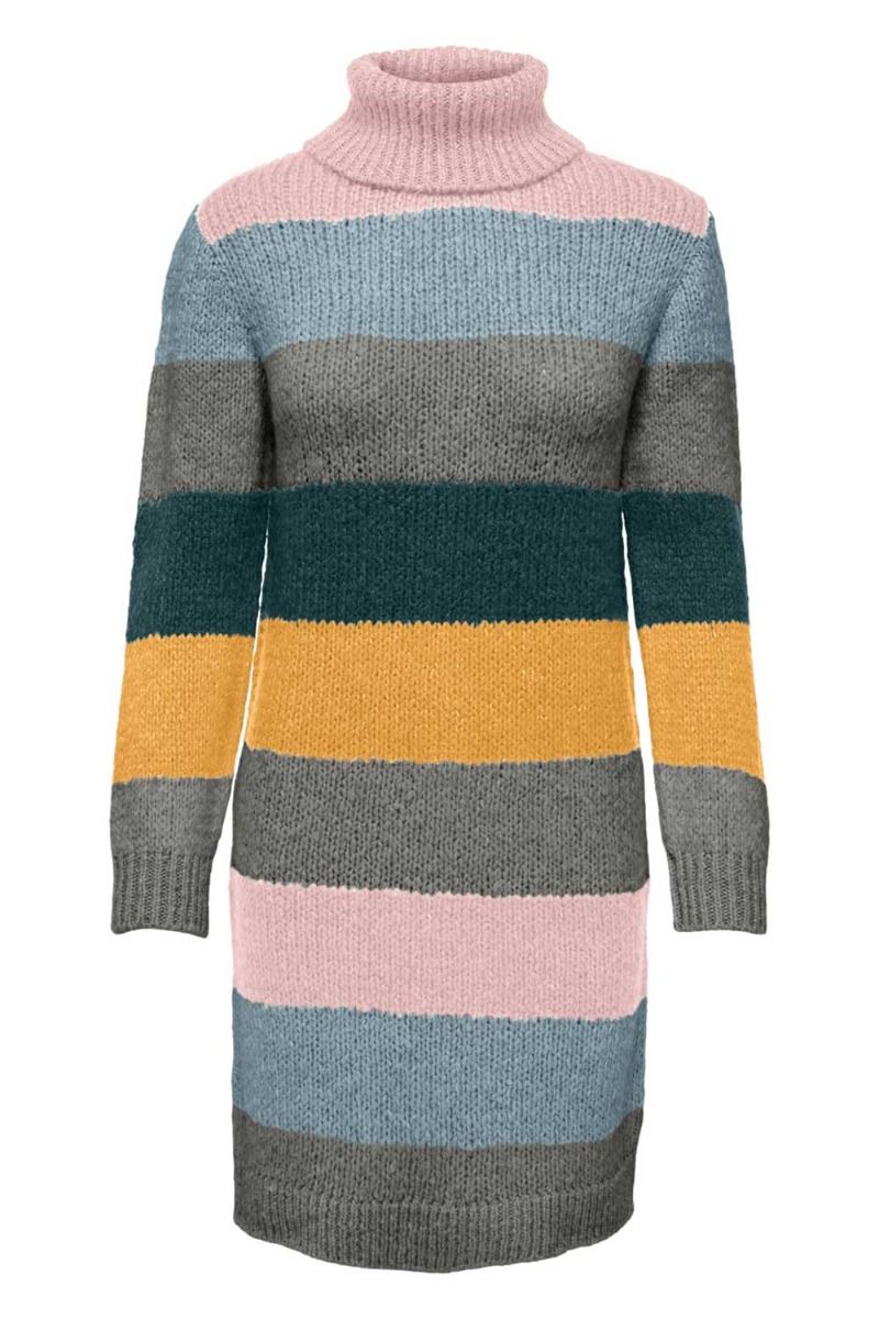 JDY - Kjole - JDY Dinea LS Stripe Rollneck Dress Knt - Smoked Pearl/Apricot