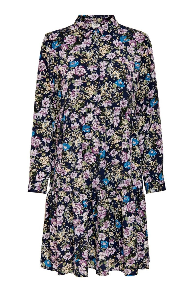 JDY - Kjole - JDY Piper L/S Shirt Dress WVN Dia - Black Iris/Purple Blue Flower 
