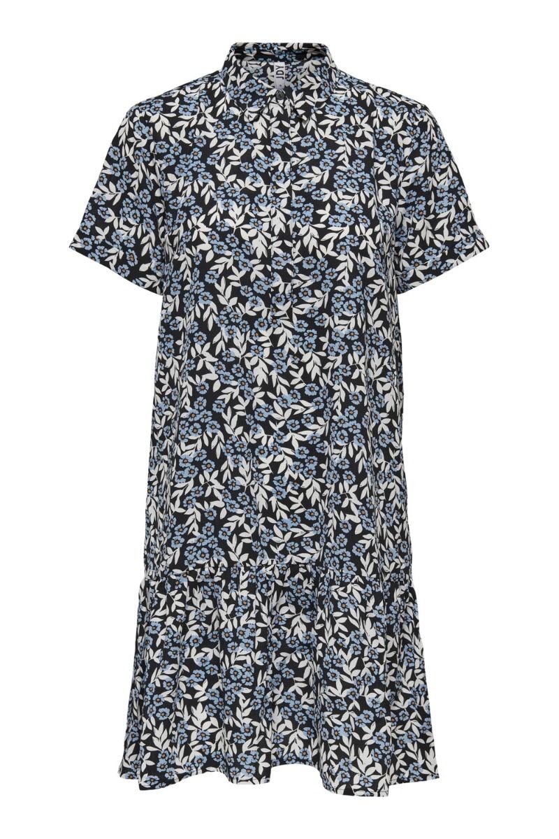 JDY - Kjole - Lion S/S Placket Dress - Black/Cream Flower