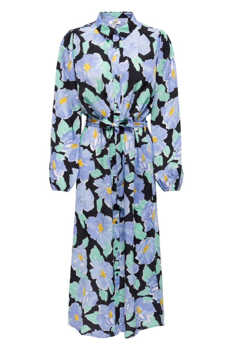 JDY - Kjole - JDY Rosie L/S Shirt Midi Dress - Black/Flower