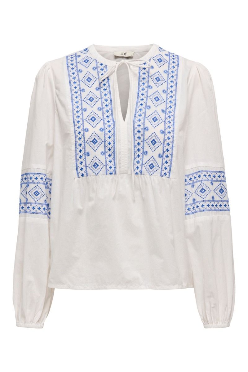 JDY - Bluse - Lulu L/S Embroidery Shirt - Cloud Dancer/Blue