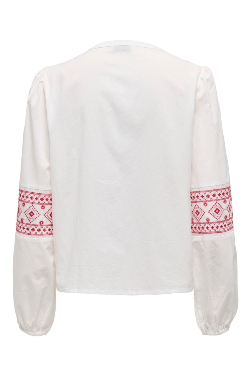 JDY - Bluse - Lulu L/S Embroidery Shirt - Cloud Dancer/red
