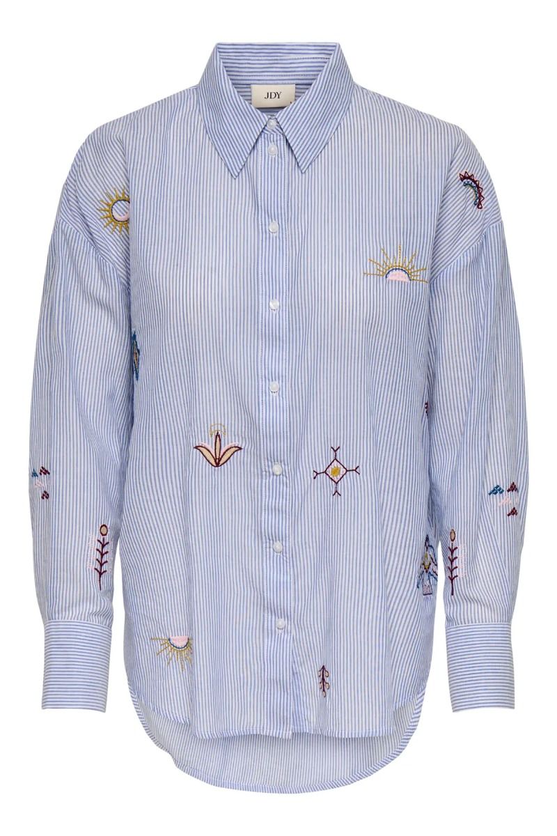 JDY - Skjorte - Paige L/S Loose EMB. Shirt - Cloud Dancer/Blue Stripe & Multi EMB