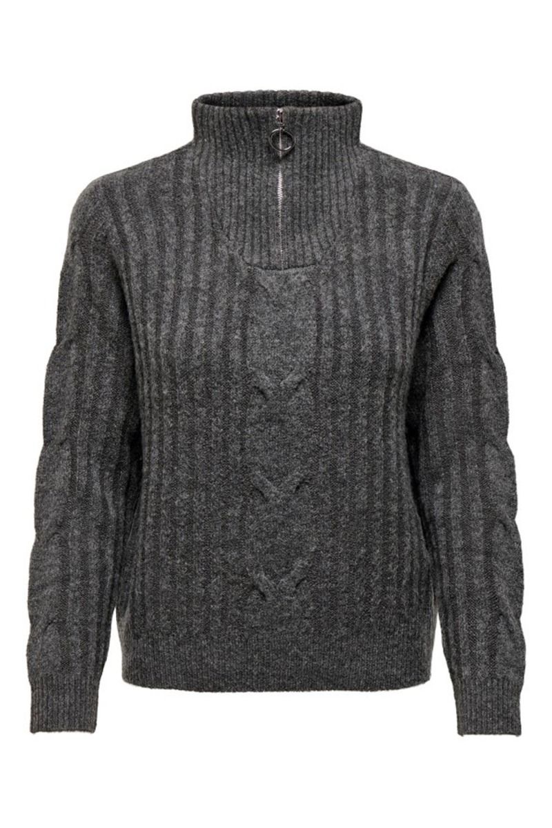 JDY - Strik - JDY Andrea L/S Zip Cable Pullover - Dark Grey Melange
