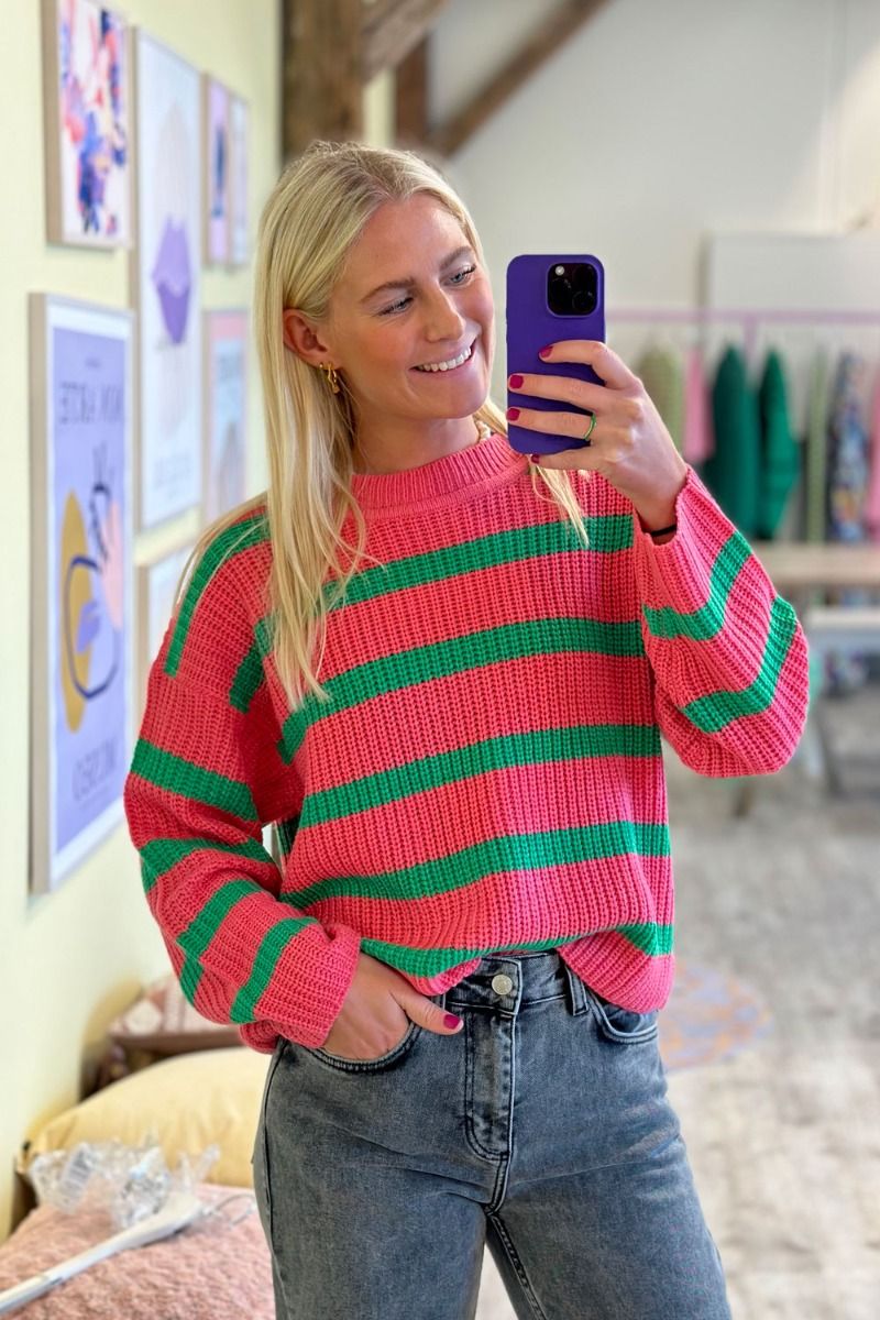 JDY - Strik - JDY Justy LS Stripe Pullover Knit - Shocking Pink