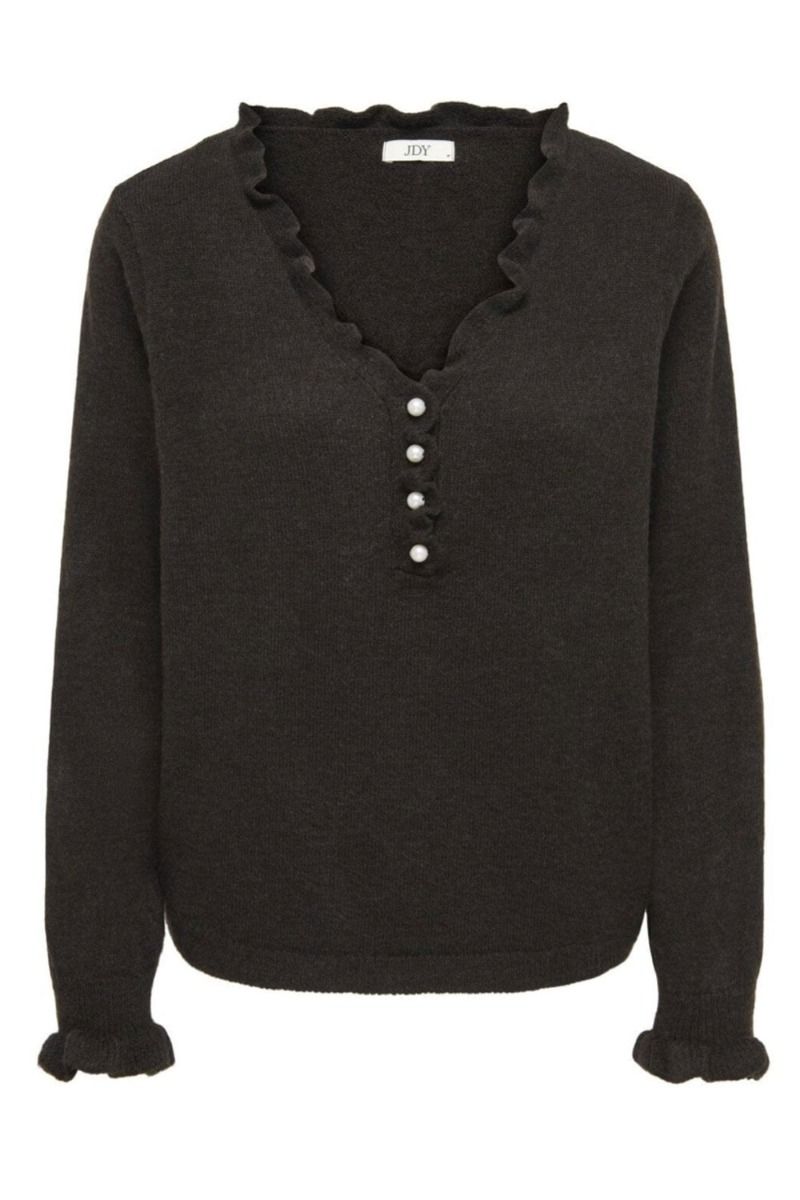 JDY - Strik - JDYLetty L/S V-Neck Frill Pullover Knit - Chocolate Torte/Melange 