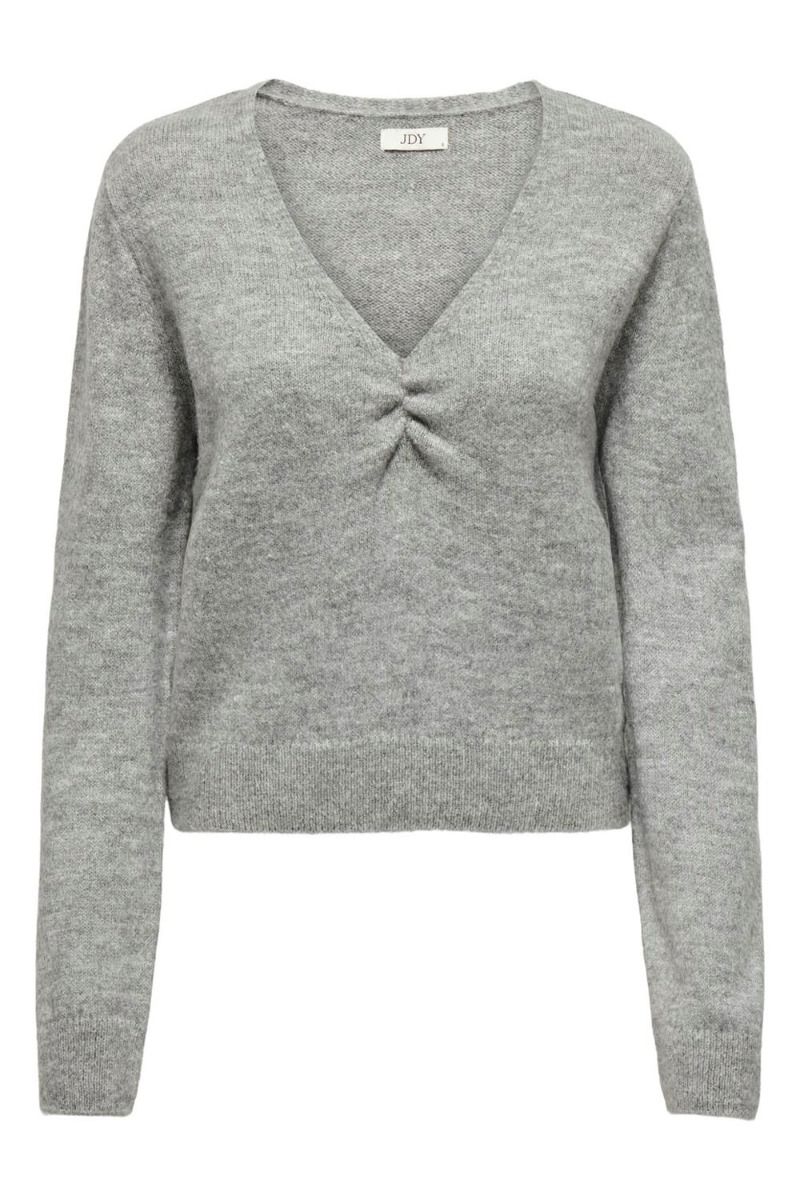 JDY - Strik - JDY Libby L/S V-Neck Short Ruch Pull - Medium Grey Melange