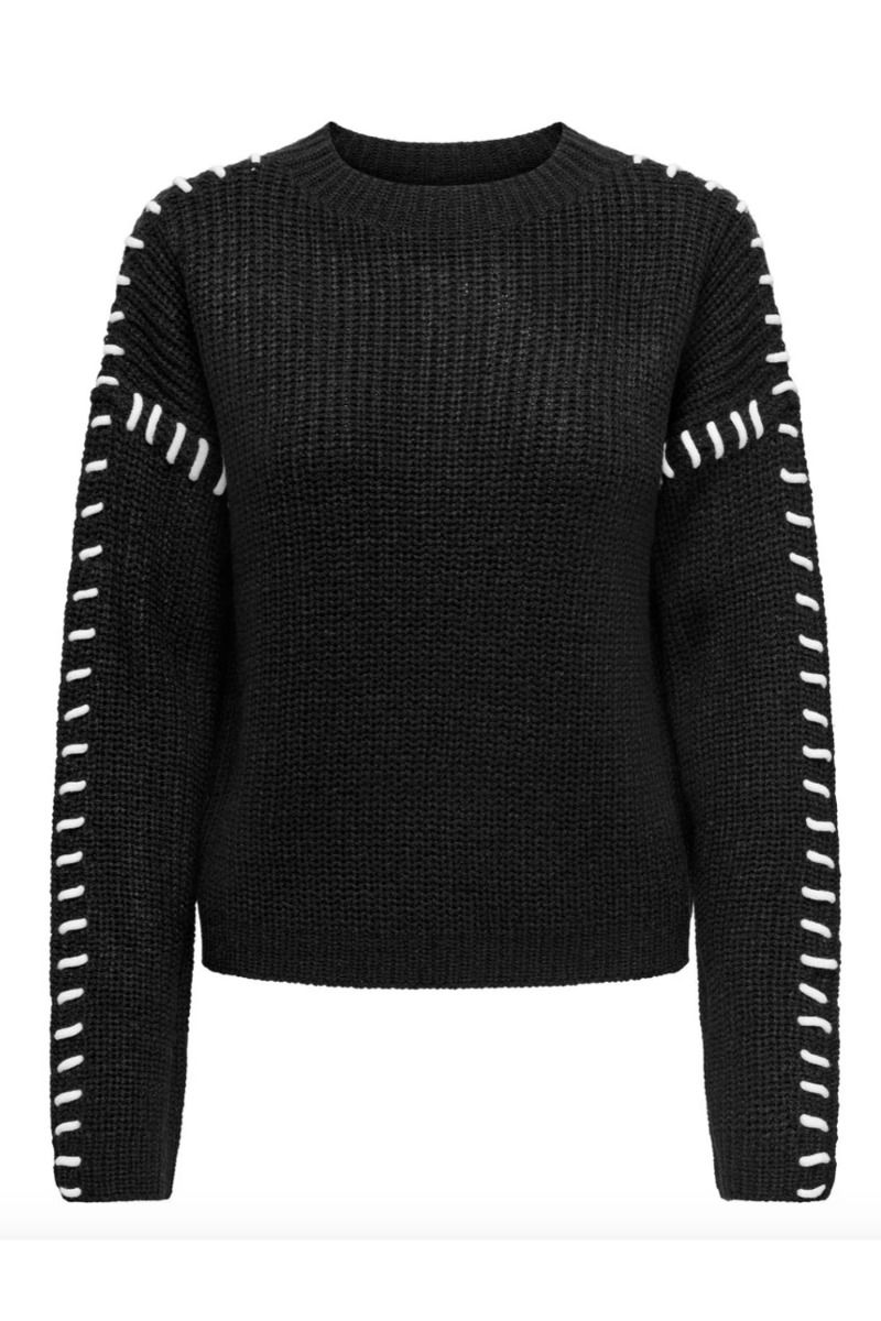 JDY - Strik - Rosella LS Stitch Pullover KNT - Black w. White Stitch 