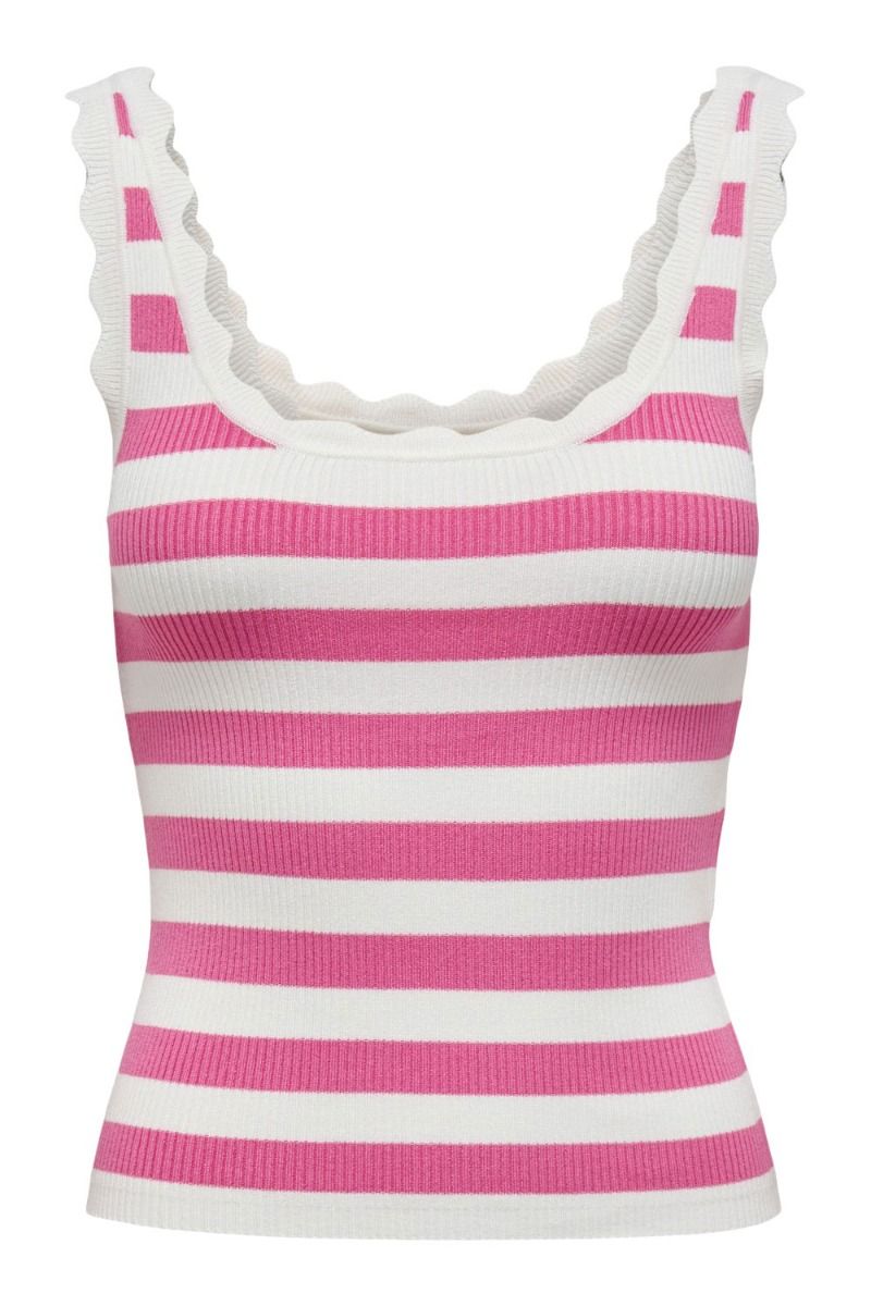 JDY - Toppe - JDY Nanna SL Scallop Edge Top Knt - Cloud Dancer/CD W. Pink