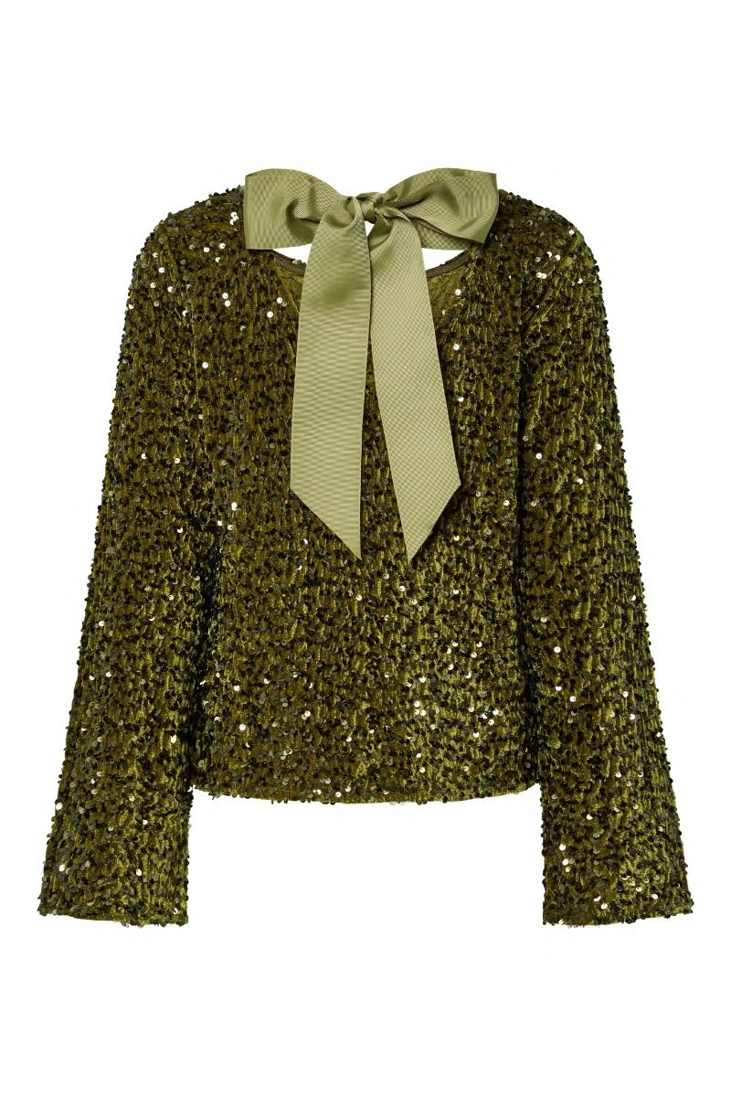 Pieces - Bluse - Kam LS Deep Back Bow Top - Kalamata sequins 
