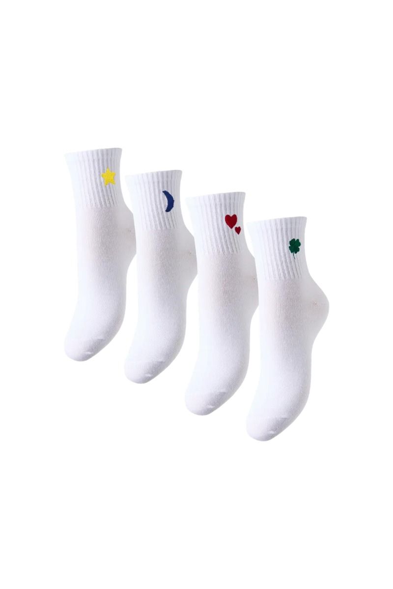 Pieces - Strømper - Mova 4 Peck Socks - Bright White/Emb Clover Hearts Moon Star