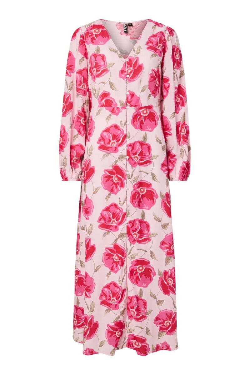 Pieces - Kjole - Gaitlyn LS Ankle Dress - Pink-A-Boo AOP flower + DTM button (Levering midt maj)