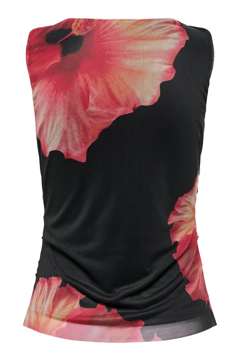 JDY - Top - Lea S/L Mesh Rouching Top JRS EXP - Black Hibiscus Flower (Levering midt april)