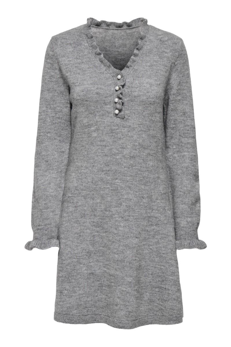 JDY - Kjole - Letty L/S V-Neck Frill Dress - Light Grey Melange