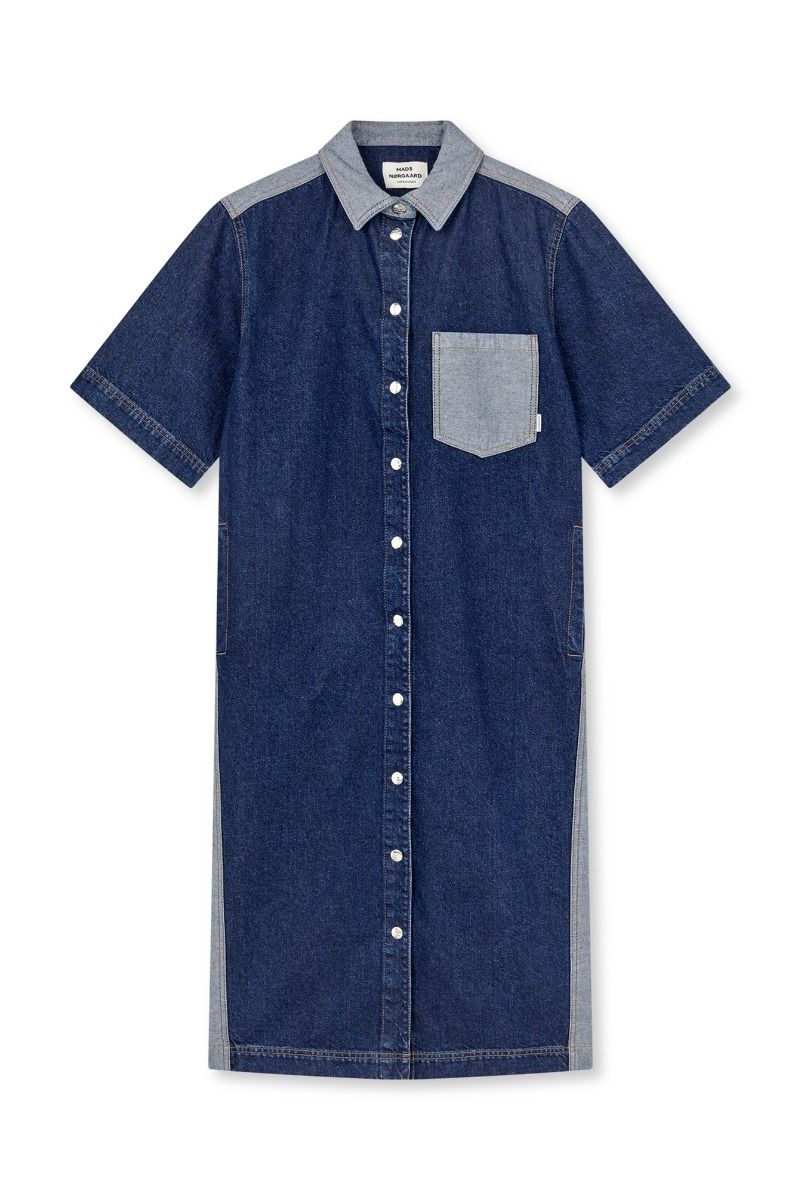 Mads Nørgaard - Kjole - Luke Denim Viola Dress Block - Mid Blue Denim
