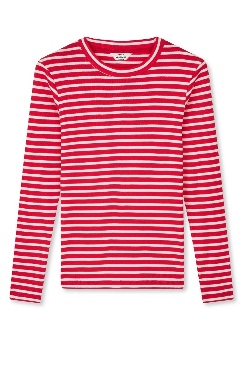 Mads Nørgaard - Bluse - 2X2 Cotton Stripe Tuba Tee Ls - High Risk Red/White Alyssum