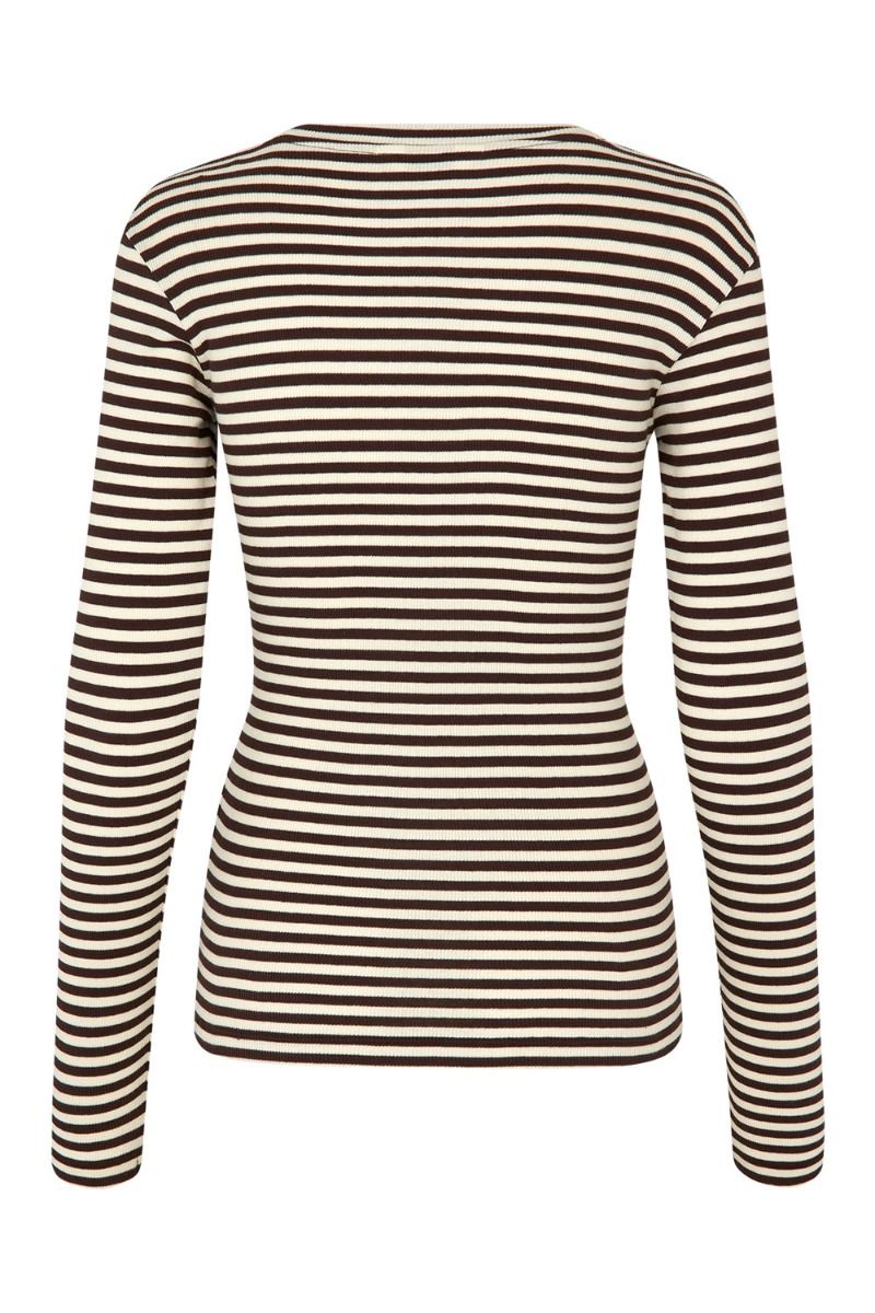 Mads Nørgaard - Bluse - 2x2 Cotton Stripe Tuba Tee LS - 2x2 Stripe Black Coffee/Vanill