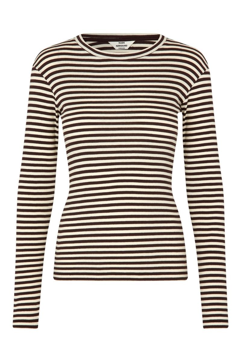 Mads Nørgaard - Bluse - 2x2 Cotton Stripe Tuba Tee LS - 2x2 Stripe Black Coffee/Vanill