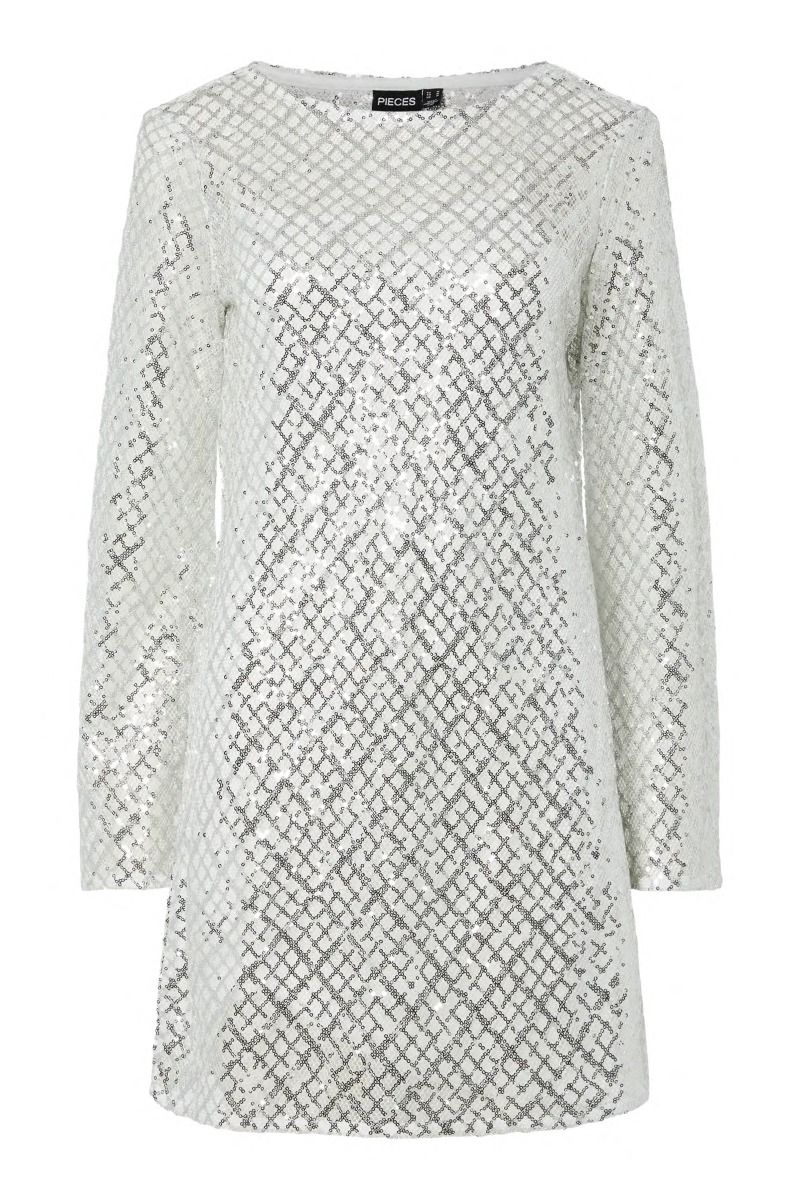 Pieces - Kjole - Malfrid LS Sequins Dress - Bright White/Silver Sequins (Levering start september)