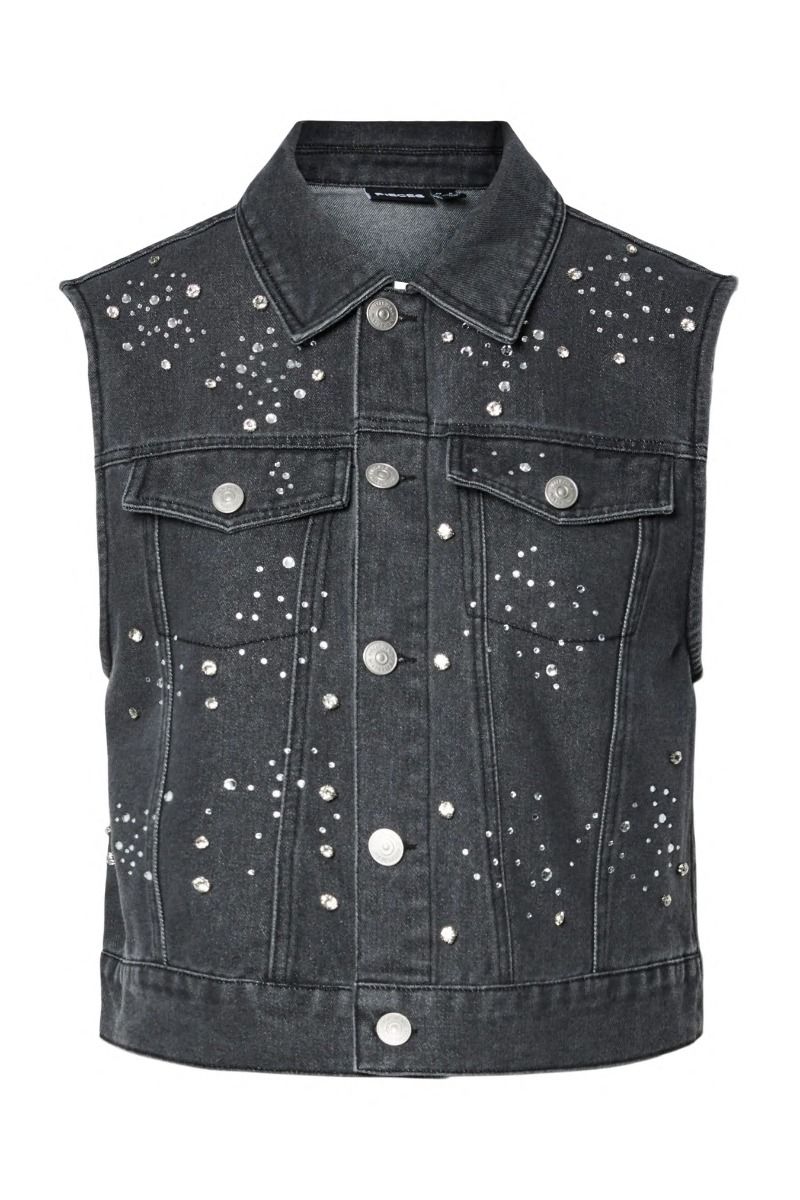 Pieces - Vest - Malika Rhinestone Denim Vest - Black washed (Levering start september)