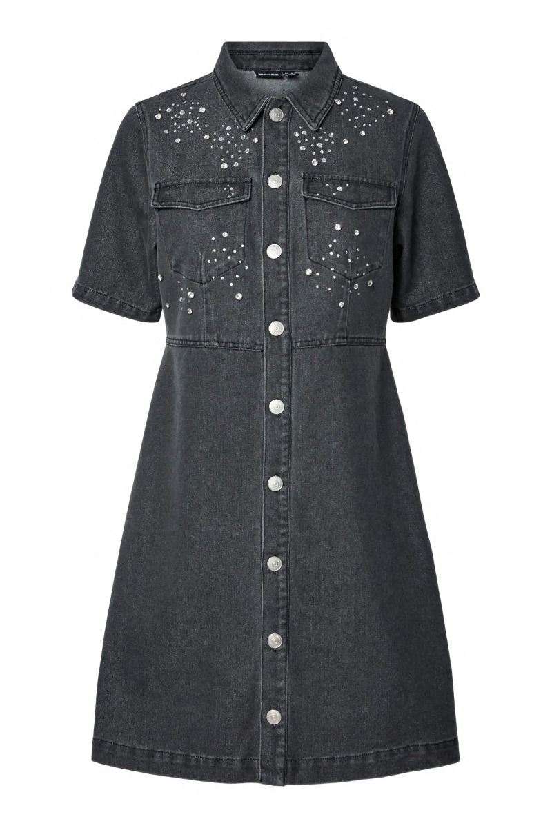 Pieces - Kjole - Malika SL Rhinestone Denim Dress - Black washed (Levering start september)