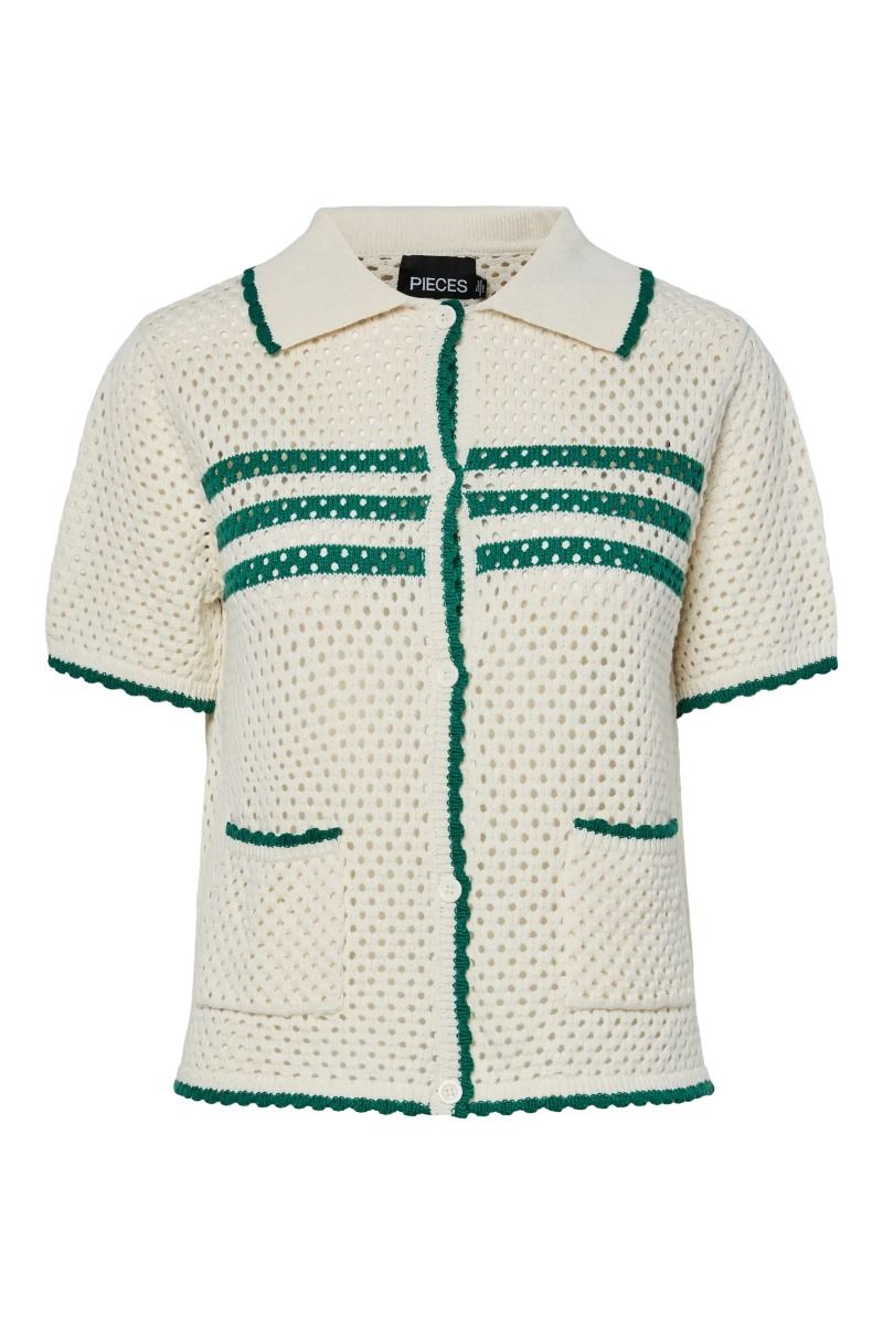 Pieces - Cardigan - Molly SS Collar Knit Cardigan - Cloud Dancer/Medium Green