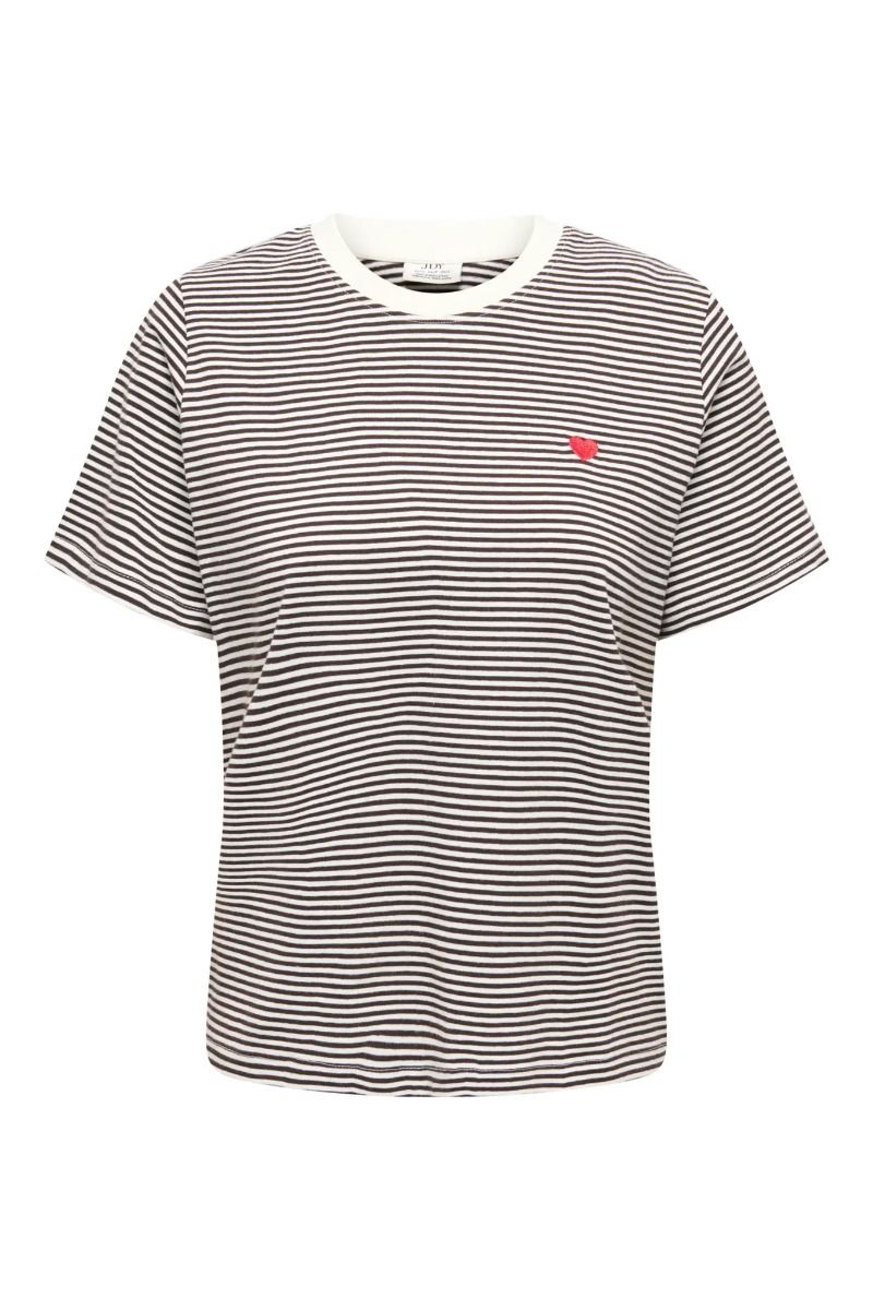JDY - T-shirt - Pisa S/S Print Top - Cloud Dancer/Chocolate Torte Stripes/BS Heart