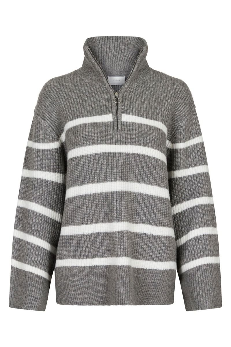 Neo Noir - Strik - Nevena Stripe Knit Blouse - Dark Grey/Off White