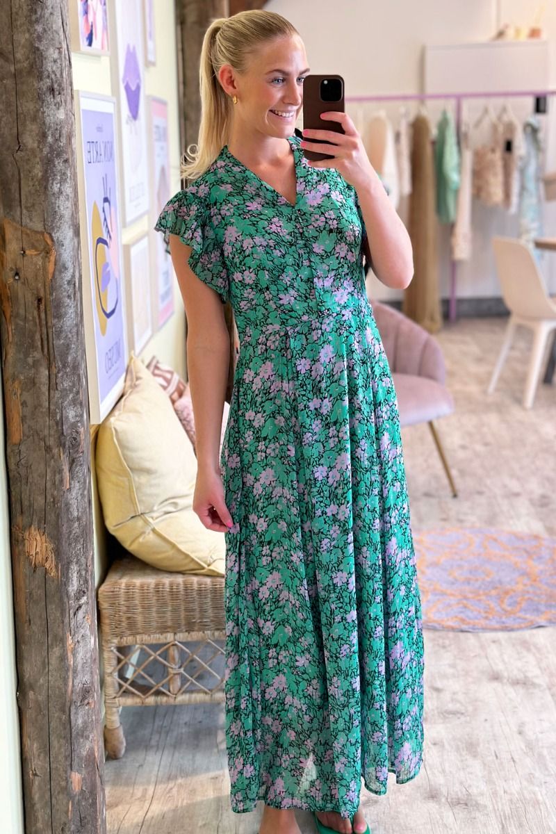Noella - Kjole - Melody Flounce s/s Dress - Green w. Lilac Flower
