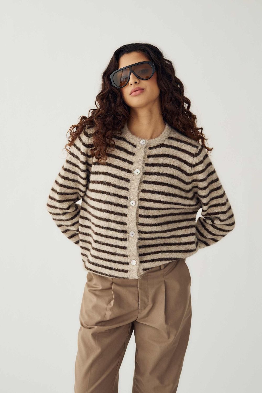 Noella - Cardigan - N-Mertice Knit Cardigan - Brown Sand Stripe