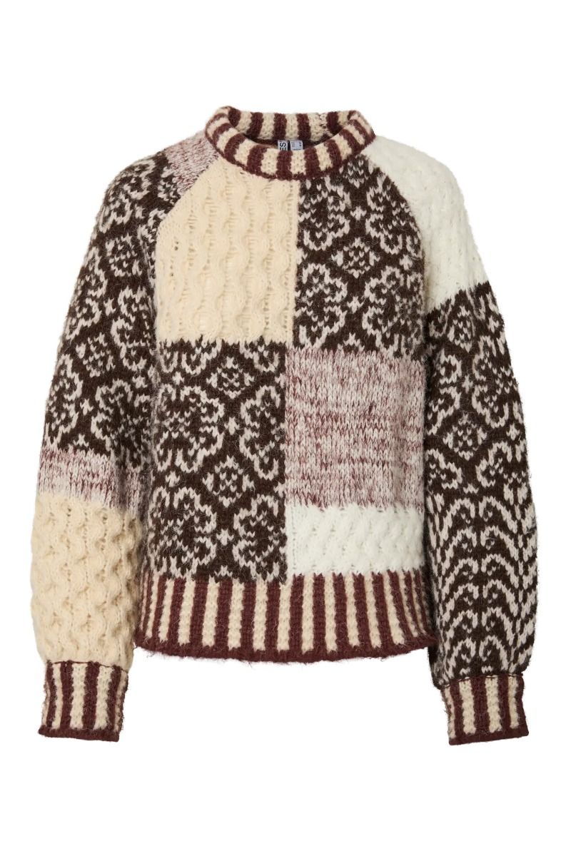 Pieces - Strik - Fusion LS O-Neck Colorblock Knit - Greige Natural tones colorblock