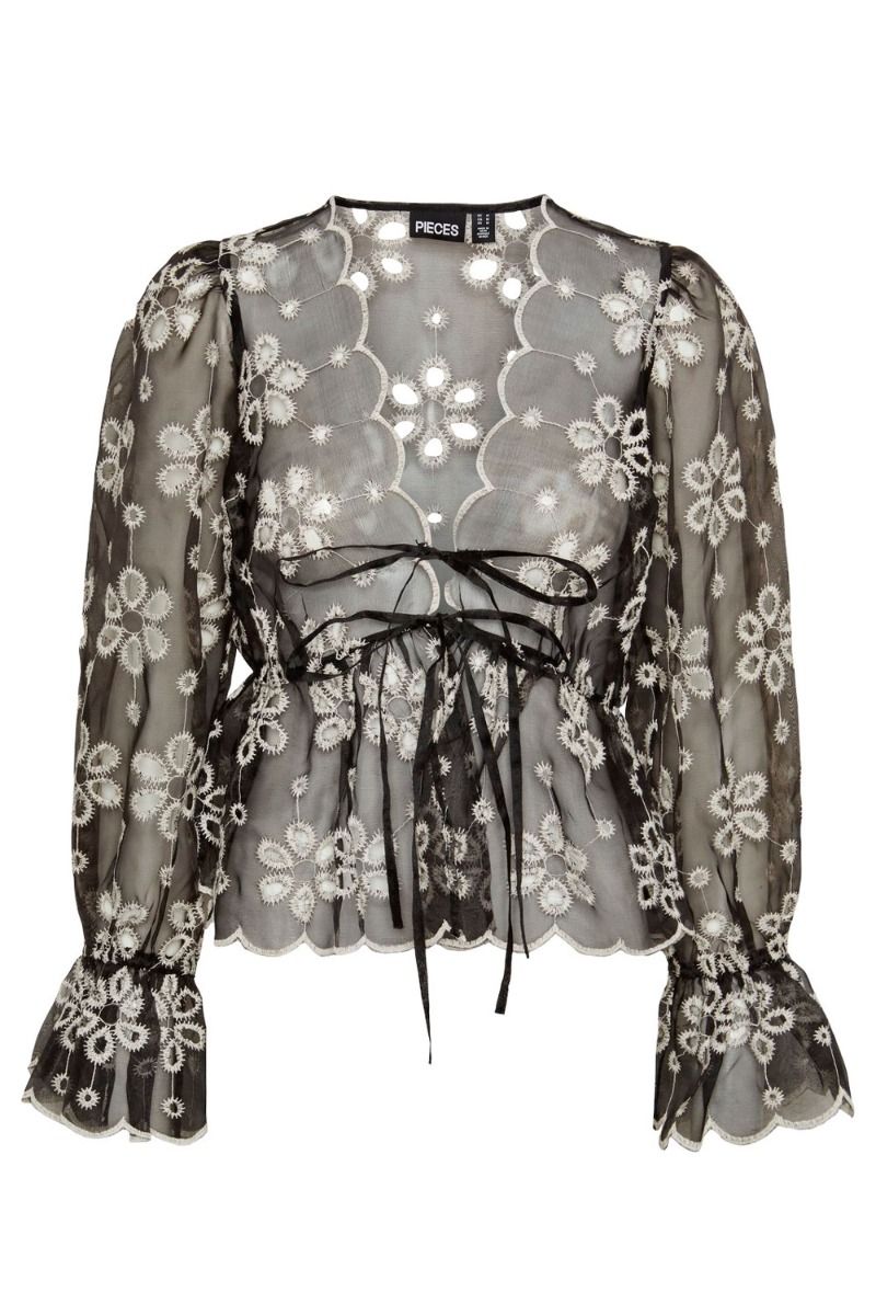 Pieces - Bluse - PC Ally LS V-Neck Tie Top - Black 