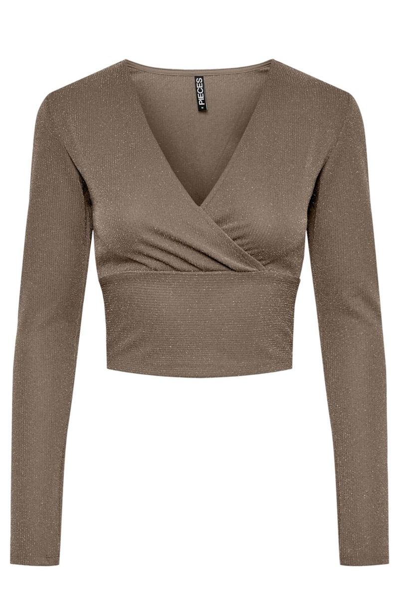 Pieces - Bluse - PC Lina LS Cropped V-Neck Top - Fossil