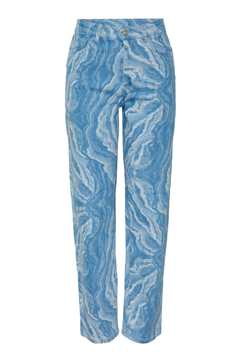 Pieces - Bukser - PC Ditte HW Straight Denim - Light Blue Denim Water Print 
