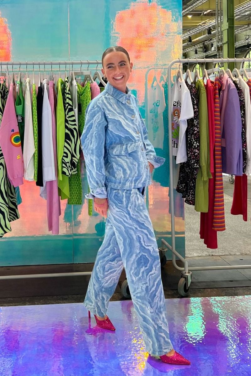 Pieces - Bukser - PC Ditte HW Straight Denim - Light Blue Denim Water Print 