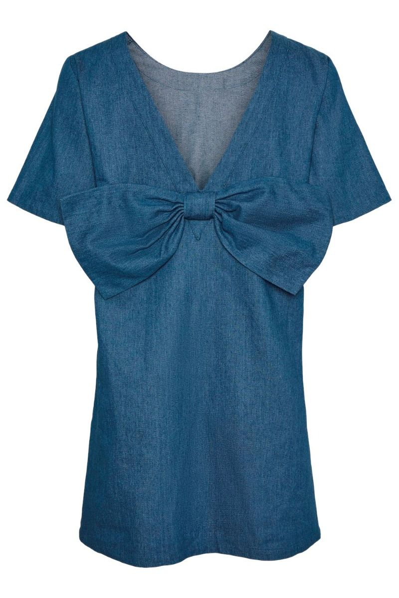 Pieces - Kjole - PC Dove SS O-Neck Bow Short Dress - Medium Blue Denim