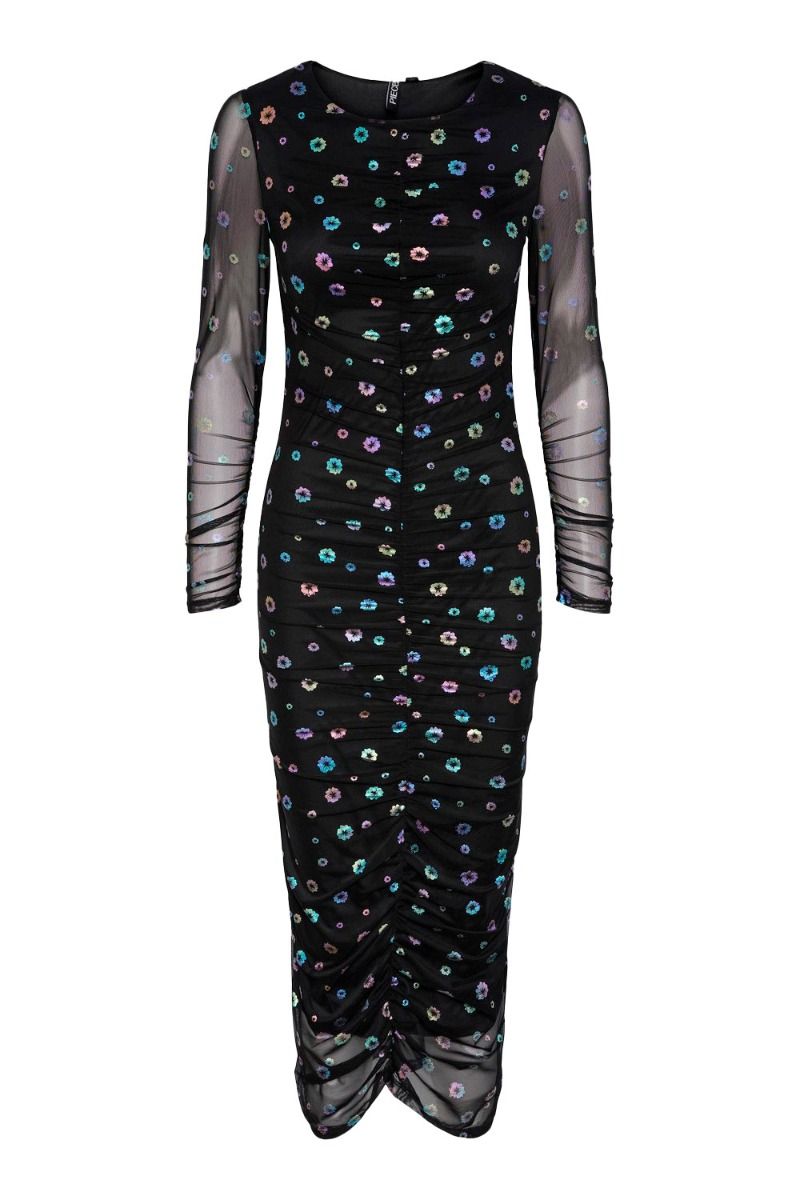 Pieces - Kjole - PC Naomi LS Long Mesh Dress - Black Flower Foil