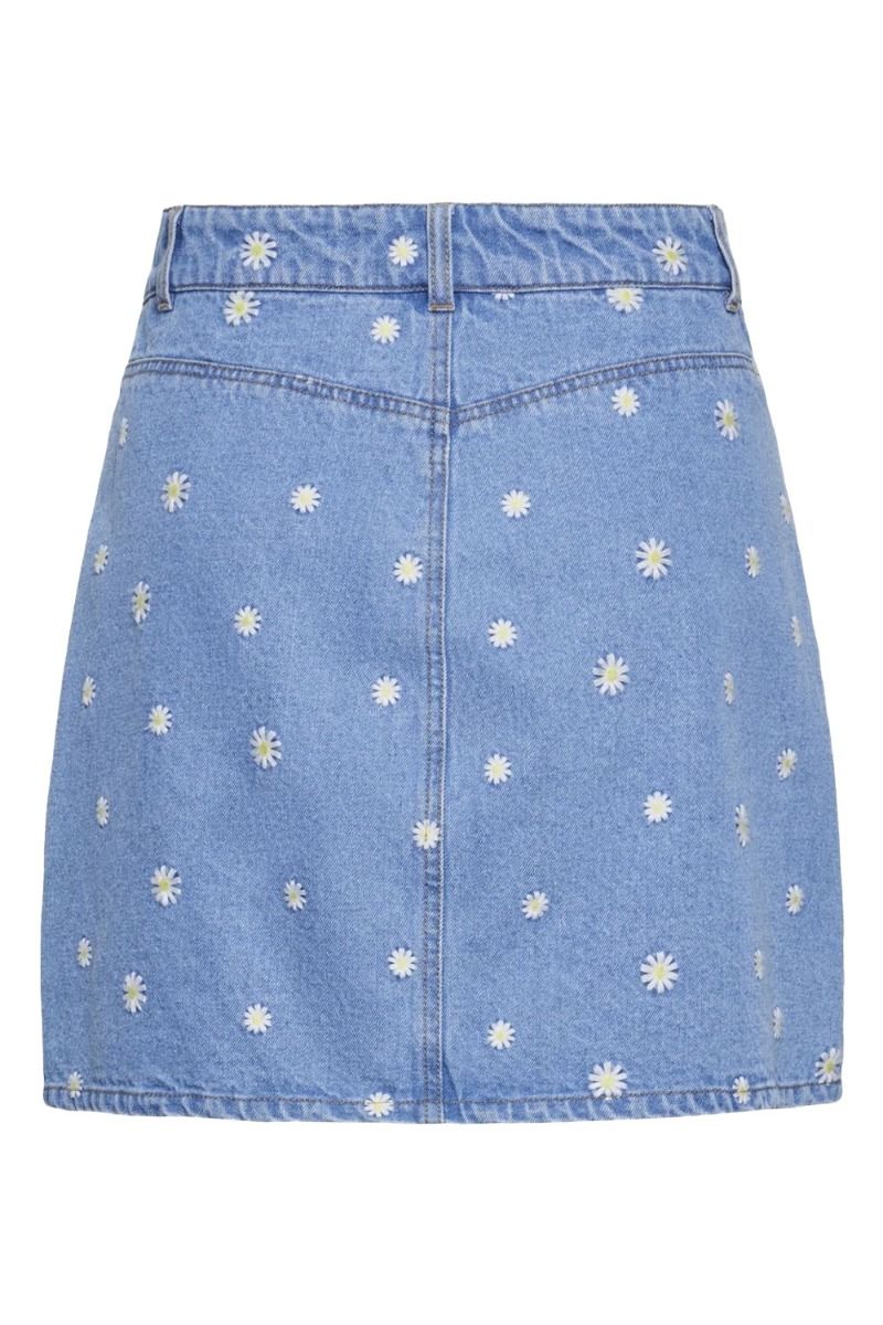 Pieces - Nederdel - PC May HW Short Denim Skirt - Medium Blue Denim/Emb Flowers 