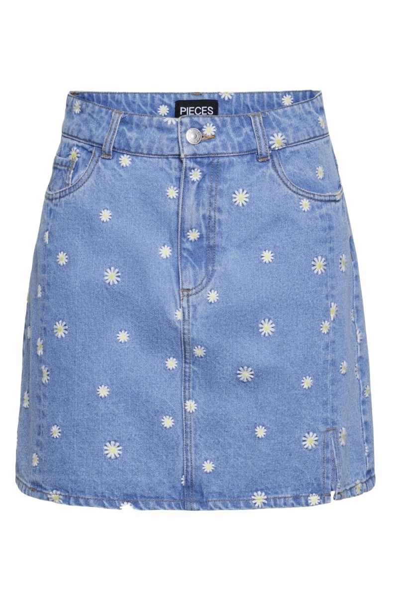 Pieces - Nederdel - PC May HW Short Denim Skirt - Medium Blue Denim/Emb Flowers 