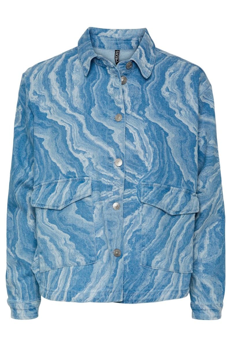 Pieces - Skjorte - PC Ditte LS Denim Shirt - Light Blue Denim Water Print 