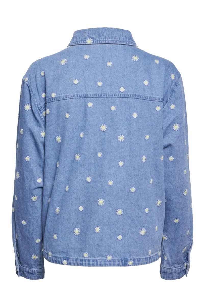 Pieces - Skjorte - PC May LS Denim Shirt - Medium Blue Denim/Emb Flowers 
