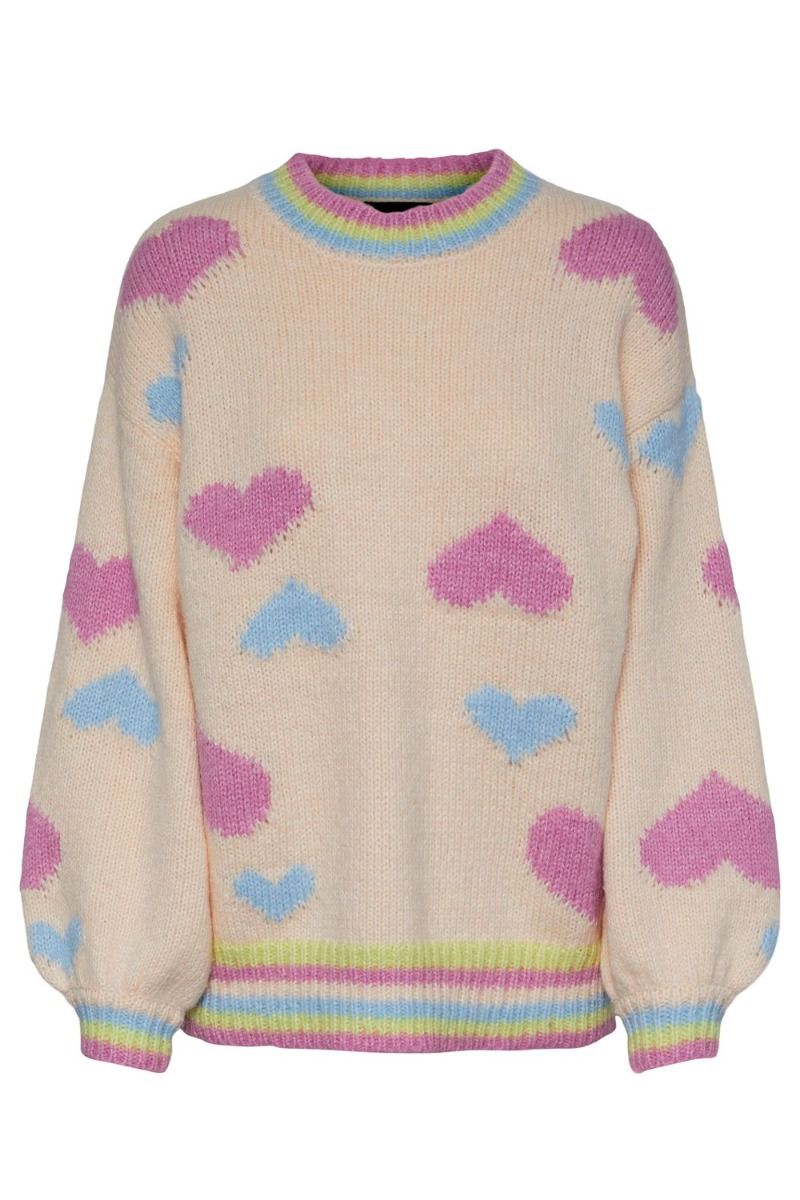 Pieces - Strik - PC Daniella LS O-Neck - Cloud Dancer Hearts