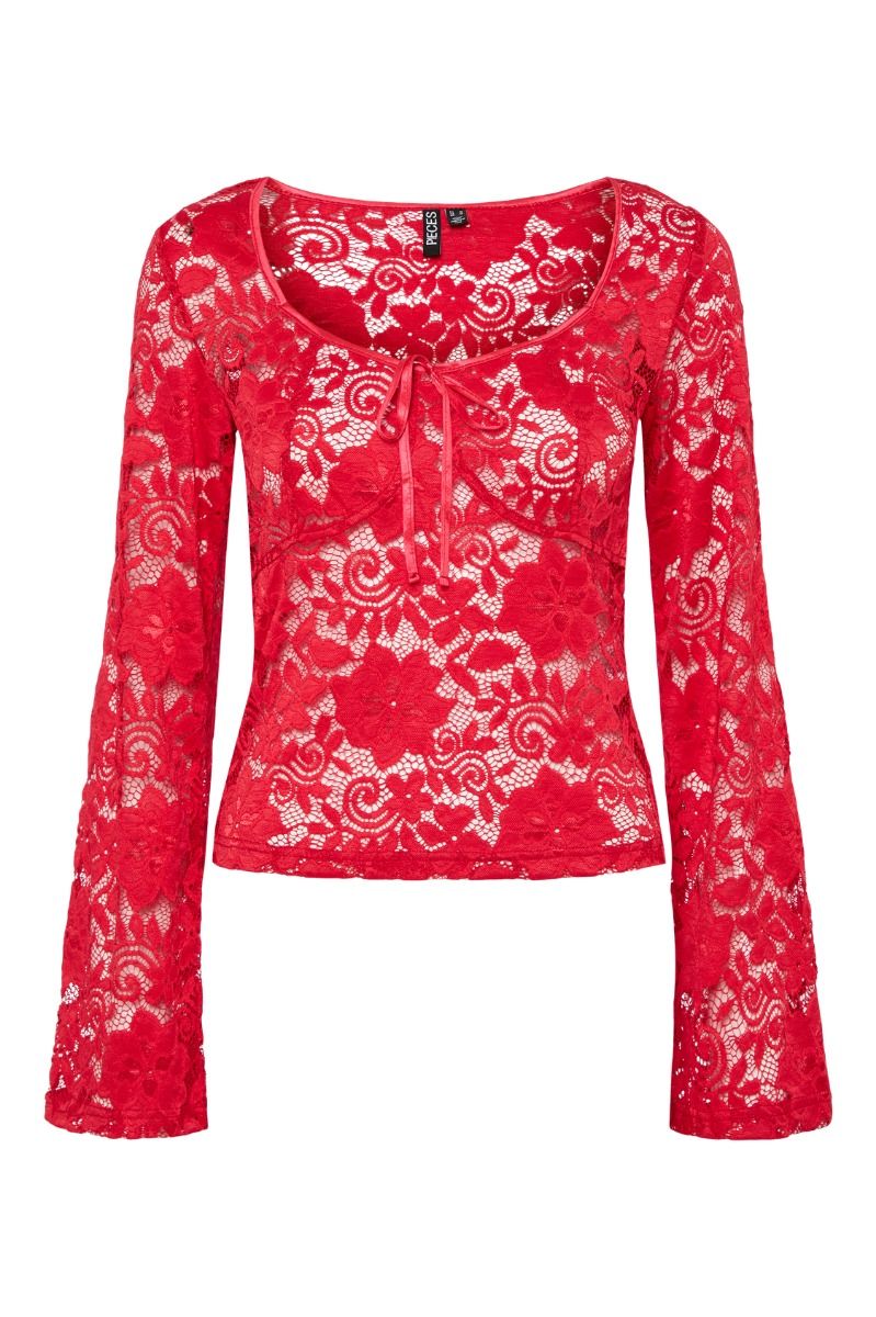 Pieces - Top - Pc Amalie Ls Lace Top - High Risk Red