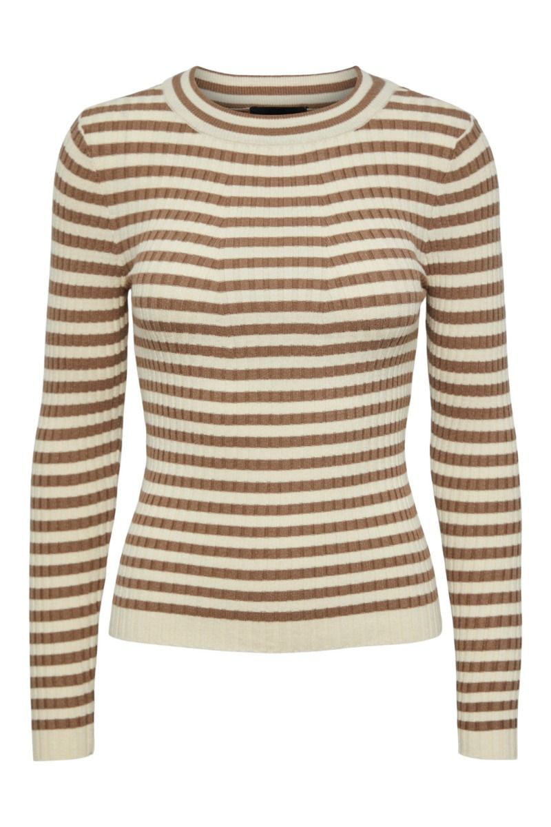 Pieces - Bluse - PC Crista LS O-neck Knit - Fossil With Birch Stripes