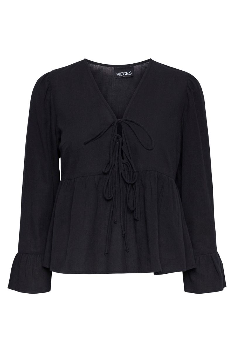 Pieces - Bluse - PC Jally LS V-Neck Tie Top - Black