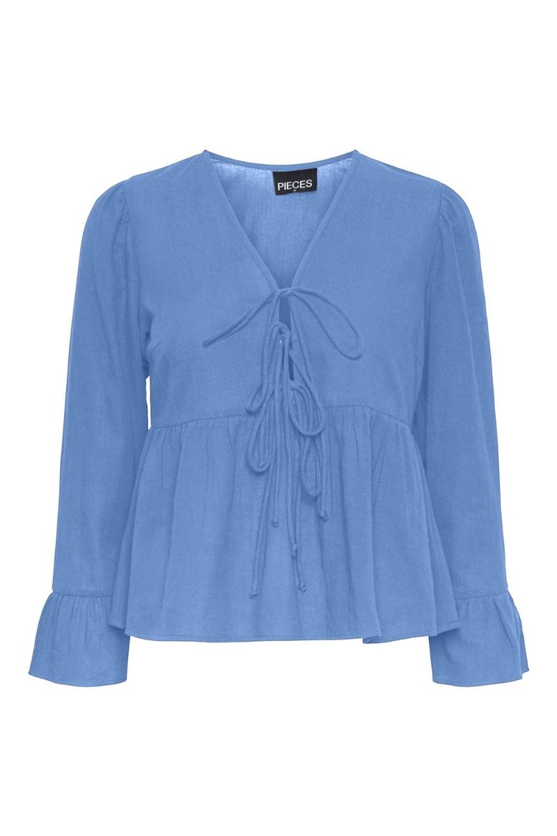 Pieces - Bluse - PC Jally LS V-Neck Tie Top - Cornflower Blue