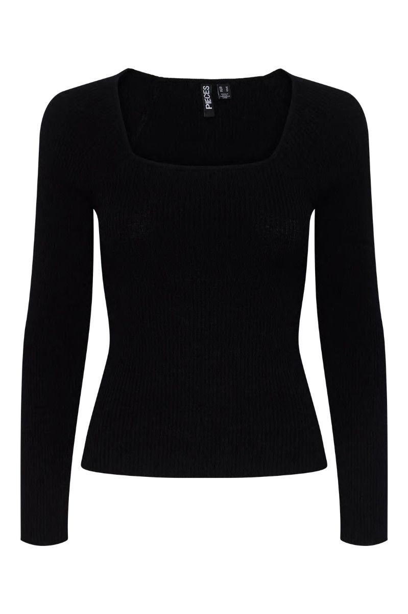 Pieces - Bluse - Pc Kalu Ls Square Neck Rib Knit Top - Black