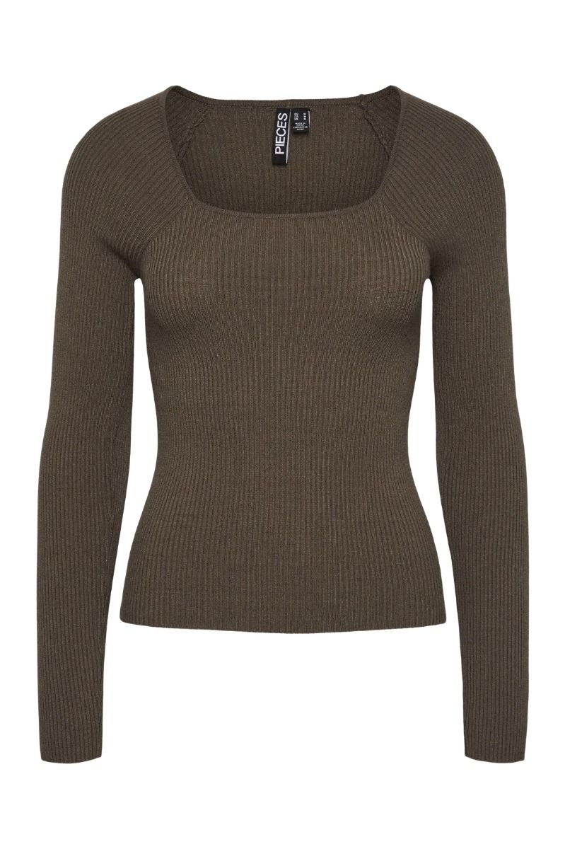 Pieces - Bluse - Pc Kalu Ls Square Neck Rib Knit Top - Morel
